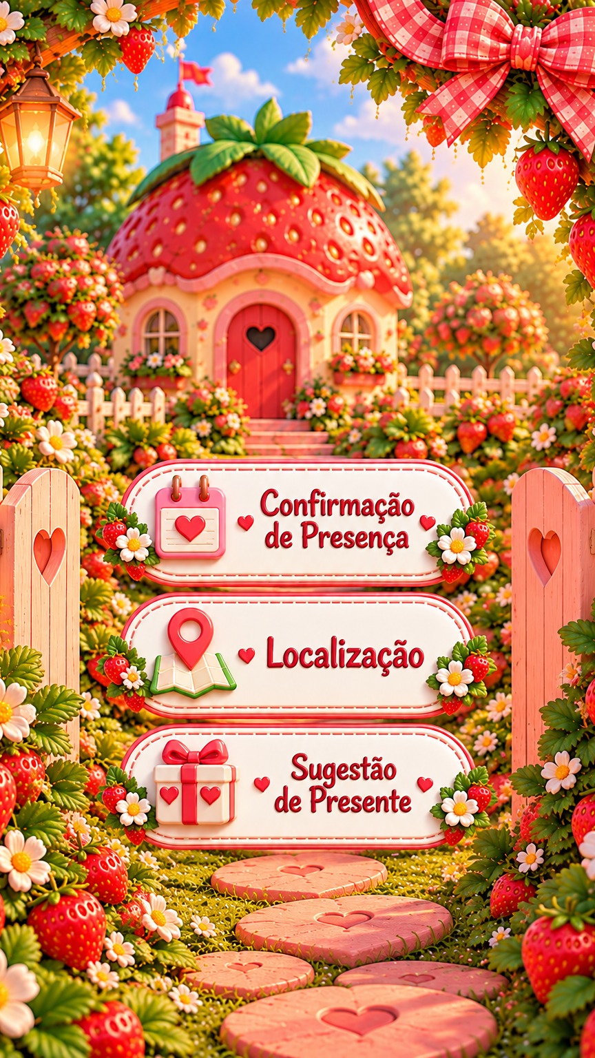Convite ilustrado de aniversário da Ester com casinha de morango e três botões.